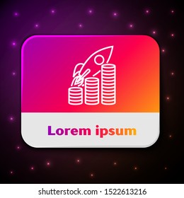 White line Rocket flying up on coins growth chart icon isolated on black background. Graph that shows increase in sales. Rectangle color button. Vector Illustration