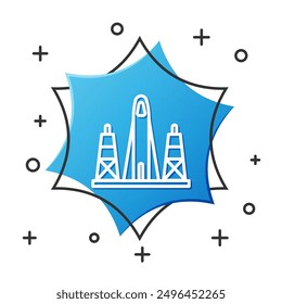 White line Rocket launch from the spaceport icon isolated on white background. Launch rocket in space. Blue hexagon button. Vector Illustration