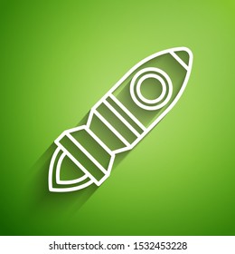 White line Rocket ship with fire icon isolated on green background. Space travel.  Vector Illustration