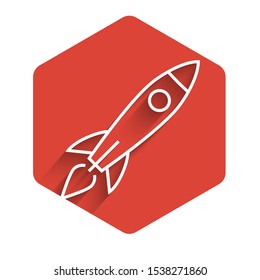White line Rocket ship with fire icon isolated with long shadow. Space travel. Red hexagon button. Vector Illustration