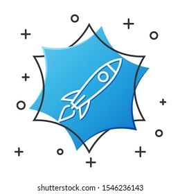 White line Rocket ship with fire icon isolated on white background. Space travel. Blue hexagon button. Vector Illustration
