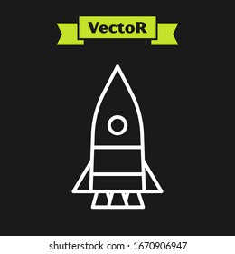 White line Rocket ship icon isolated on black background. Space travel.  Vector Illustration