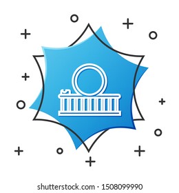 White line Roller coaster icon isolated on white background. Amusement park. Childrens entertainment playground, recreation park. Blue hexagon button. Vector Illustration
