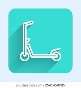 Linha branca scooter rolo para crianças ícone isolado com sombra longa. Chute scooter ou bicicleta equilíbrio. Botão quadrado verde. Vetor