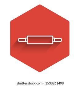White line Rolling pin icon isolated with long shadow. Red hexagon button. Vector Illustration