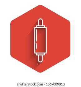White line Rolling pin icon isolated with long shadow. Red hexagon button. Vector Illustration