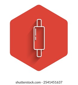 Línea blanca Icono del perno rodante aislado con la sombra larga. Botón hexagonal rojo. Vector