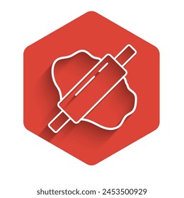 White line Rolling pin on dough icon isolated with long shadow. Red hexagon button. Vector