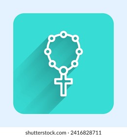 White line Rosary beads religion icon isolated with long shadow background. Green square button. Vector