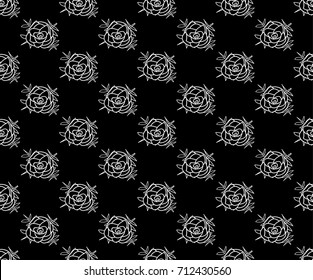 White Line Rose Seamless on Black Background. Vector Illustration.