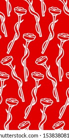 White line roses seamless pattern on red background