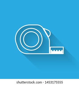 White line Roulette construction icon isolated with long shadow. Tape measure symbol.  Vector Illustration