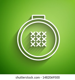 White line Round adjustable embroidery hoop icon isolated on green background. Thread and needle for embroidery.  Vector Illustration