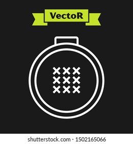 White line Round adjustable embroidery hoop icon isolated on black background. Thread and needle for embroidery.  Vector Illustration