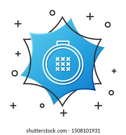 White line Round adjustable embroidery hoop icon isolated on white background. Thread and needle for embroidery. Blue hexagon button. Vector Illustration