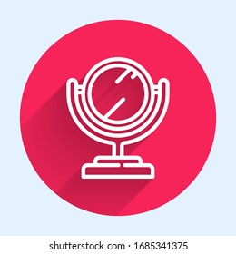 White line Round makeup mirror icon isolated with long shadow. Red circle button. Vector Illustration