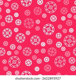 White line Round shield icon isolated seamless pattern on red background. Security, safety, protection, privacy, guard concept.  Vector