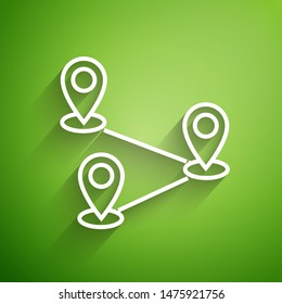 White line Route location icon isolated on green background. Map pointer sign. Concept of path or road. GPS navigator.  Vector Illustration