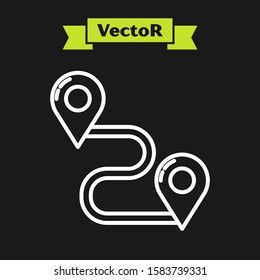 White line Route location icon isolated on black background. Map pointer sign. Concept of path or road. GPS navigator.  Vector Illustration