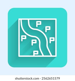 White line Route location icon isolated with long shadow. Train line path of train road route with start point GPS and dash line. Green square button. Vector