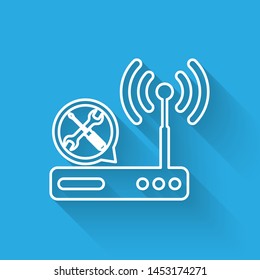 White line Router wi-fi with screwdriver and wrench icon isolated with long shadow. Adjusting, service, setting, maintenance, repair, fixing.  Vector Illustration