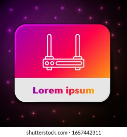 White line Router and wi-fi signal symbol icon isolated on black background. Wireless ethernet modem router. Computer technology internet. Rectangle color button. Vector Illustration