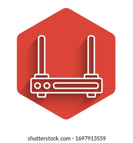 White line Router and wi-fi signal symbol icon isolated with long shadow. Wireless ethernet modem router. Computer technology internet. Red hexagon button. Vector Illustration