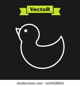 White line Rubber duck icon isolated on black background.  Vector Illustration