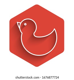 White line Rubber duck icon isolated with long shadow. Red hexagon button. Vector Illustration