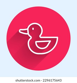 White line Rubber duck icon isolated with long shadow background. Red circle button. Vector