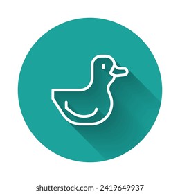 White line Rubber duck icon isolated with long shadow background. Green circle button. Vector