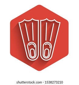 White line Rubber flippers for swimming icon isolated with long shadow. Diving equipment. Extreme sport. Sport equipment. Red hexagon button. Vector Illustration