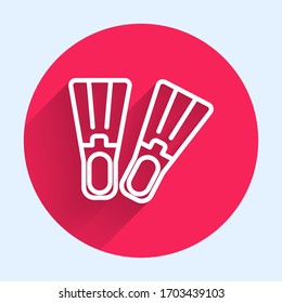 White line Rubber flippers for swimming icon isolated with long shadow. Diving equipment. Extreme sport. Sport equipment. Red circle button. Vector Illustration