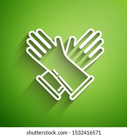 White line Rubber gloves icon isolated on green background. Latex hand protection sign. Housework cleaning equipment symbol.  Vector Illustration