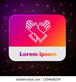 White line Rubber gloves icon isolated on black background. Latex hand protection sign. Housework cleaning equipment symbol. Rectangle color button. Vector Illustration