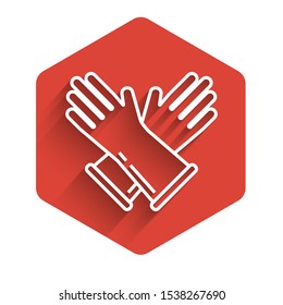 White line Rubber gloves icon isolated with long shadow. Latex hand protection sign. Housework cleaning equipment symbol. Red hexagon button. Vector Illustration