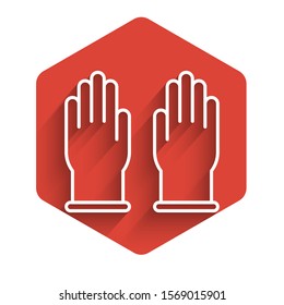 White line Rubber gloves icon isolated with long shadow. Latex hand protection sign. Housework cleaning equipment symbol. Red hexagon button. Vector Illustration