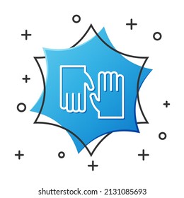 White line Rubber gloves icon isolated on white background. Latex hand protection sign. Housework cleaning equipment symbol. Blue hexagon button. Vector