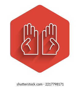 White line Rubber gloves icon isolated with long shadow. Latex hand protection sign. Housework cleaning equipment symbol. Red hexagon button. Vector