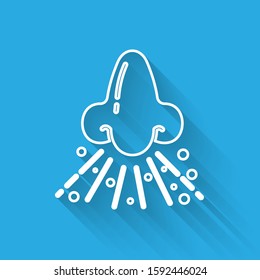 White line Runny nose icon isolated with long shadow. Rhinitis symptoms, treatment. Nose and sneezing. Nasal diseases.  Vector Illustration