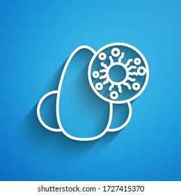 White line Runny nose and virus icon isolated on blue background. Rhinitis symptoms, treatment. Nose and sneezing. Nasal diseases. Long shadow. Vector Illustration