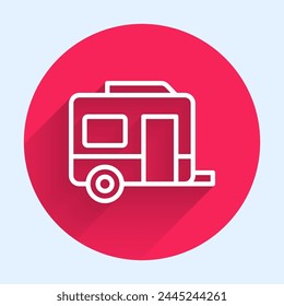 White line Rv Camping trailer icon isolated with long shadow background. Travel mobile home, caravan, home camper for travel. Red circle button. Vector