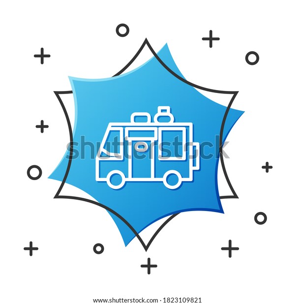 White line Rv Camping trailer icon\
isolated on white background. Travel mobile home, caravan, home\
camper for travel. Blue hexagon button. Vector\
Illustration