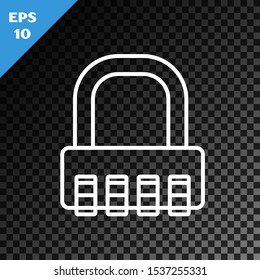 White line Safe combination lock icon isolated on transparent dark background. Combination padlock. Security, safety, protection, password, privacy.  Vector Illustration