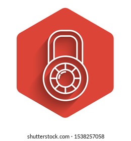 White line Safe combination lock wheel icon isolated with long shadow. Combination padlock. Security, safety, protection, password, privacy. Red hexagon button. Vector Illustration