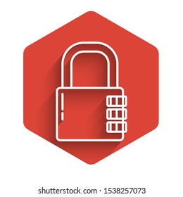 White line Safe combination lock icon isolated with long shadow. Combination padlock. Security, safety, protection, password, privacy. Red hexagon button. Vector Illustration