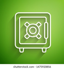 White line Safe icon isolated on green background. The door safe a bank vault with a combination lock. Reliable Data Protection.  Vector Illustration