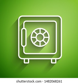 White line Safe icon isolated on green background. The door safe a bank vault with a combination lock. Reliable Data Protection.  Vector Illustration
