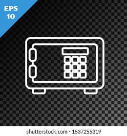 White line Safe icon isolated on transparent dark background. The door safe a bank vault with a combination lock. Reliable Data Protection.  Vector Illustration
