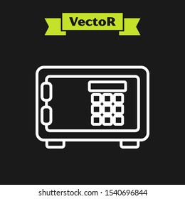 White line Safe icon isolated on black background. The door safe a bank vault with a combination lock. Reliable Data Protection.  Vector Illustration